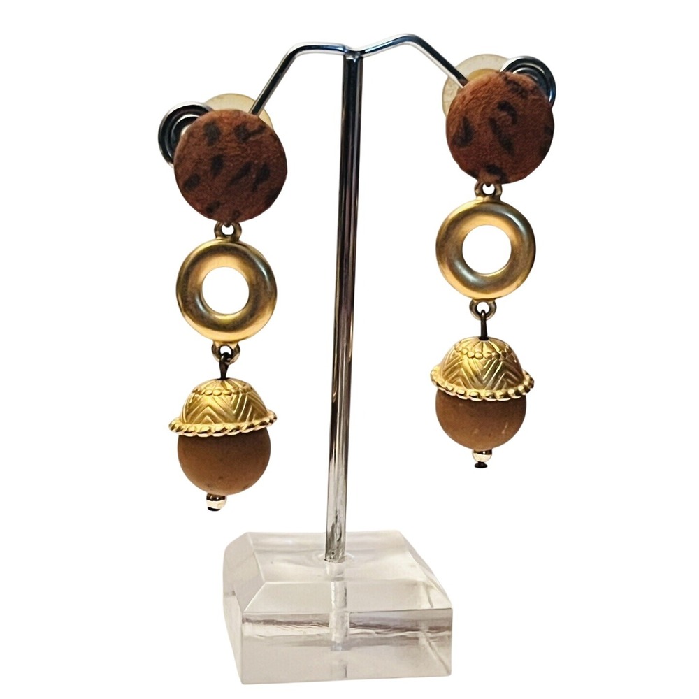 VTG Earrings statement dangle chunky Pierced Lucite rare gold 80s Retro hoop 2"L